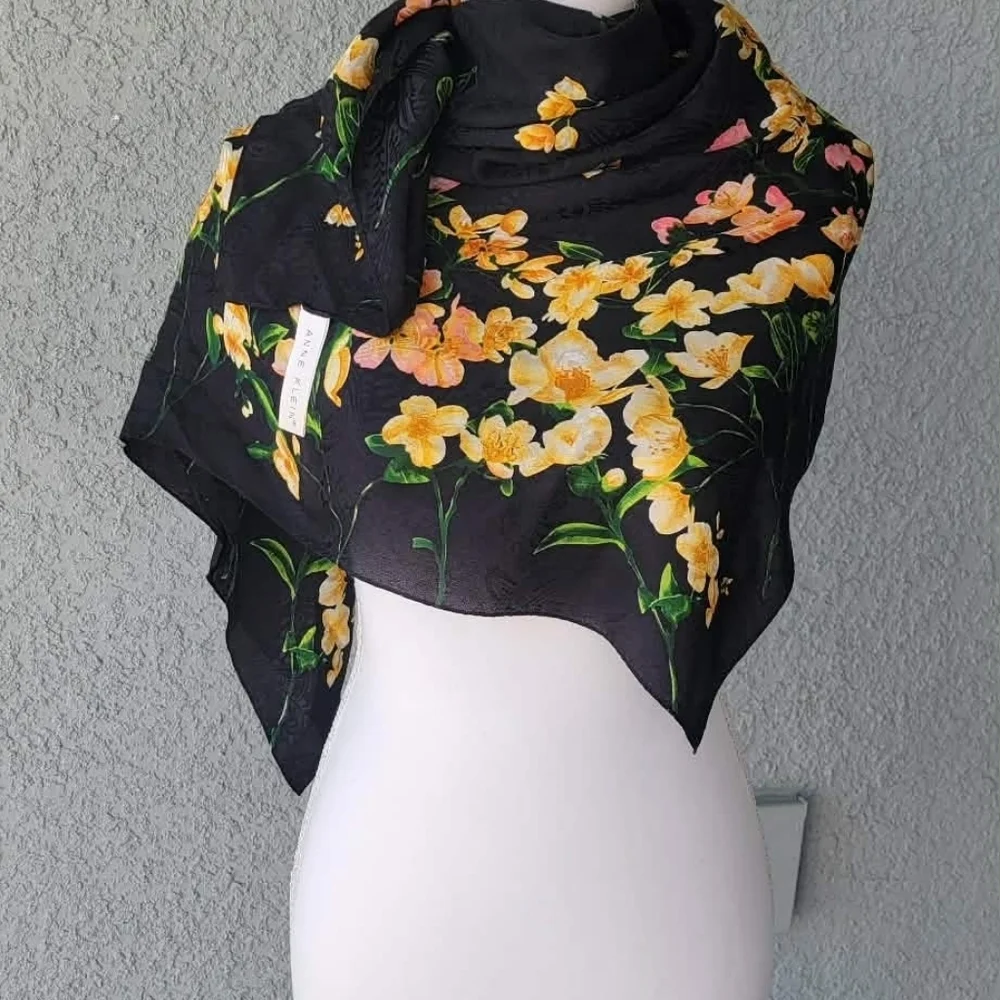 Vintage Anne Klein Black Scarf with Yellow and Pink Floral Design